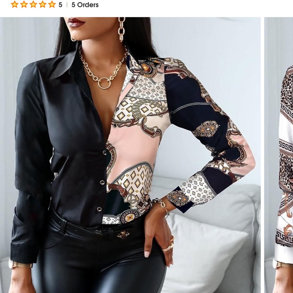 CBR Black and Tan Graphic Fitted Blouse Size S